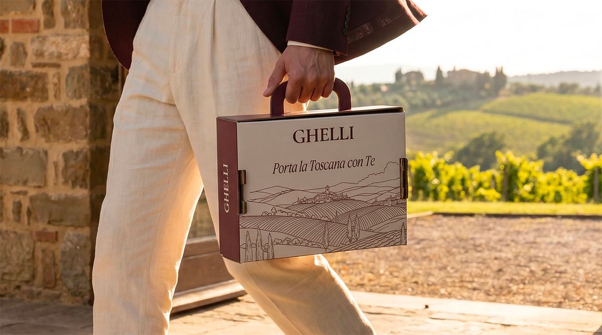 Valigetta salumi Ghelli S.p.A. in ambientazione toscana — selezione DOP per gift set aziendali e GDO